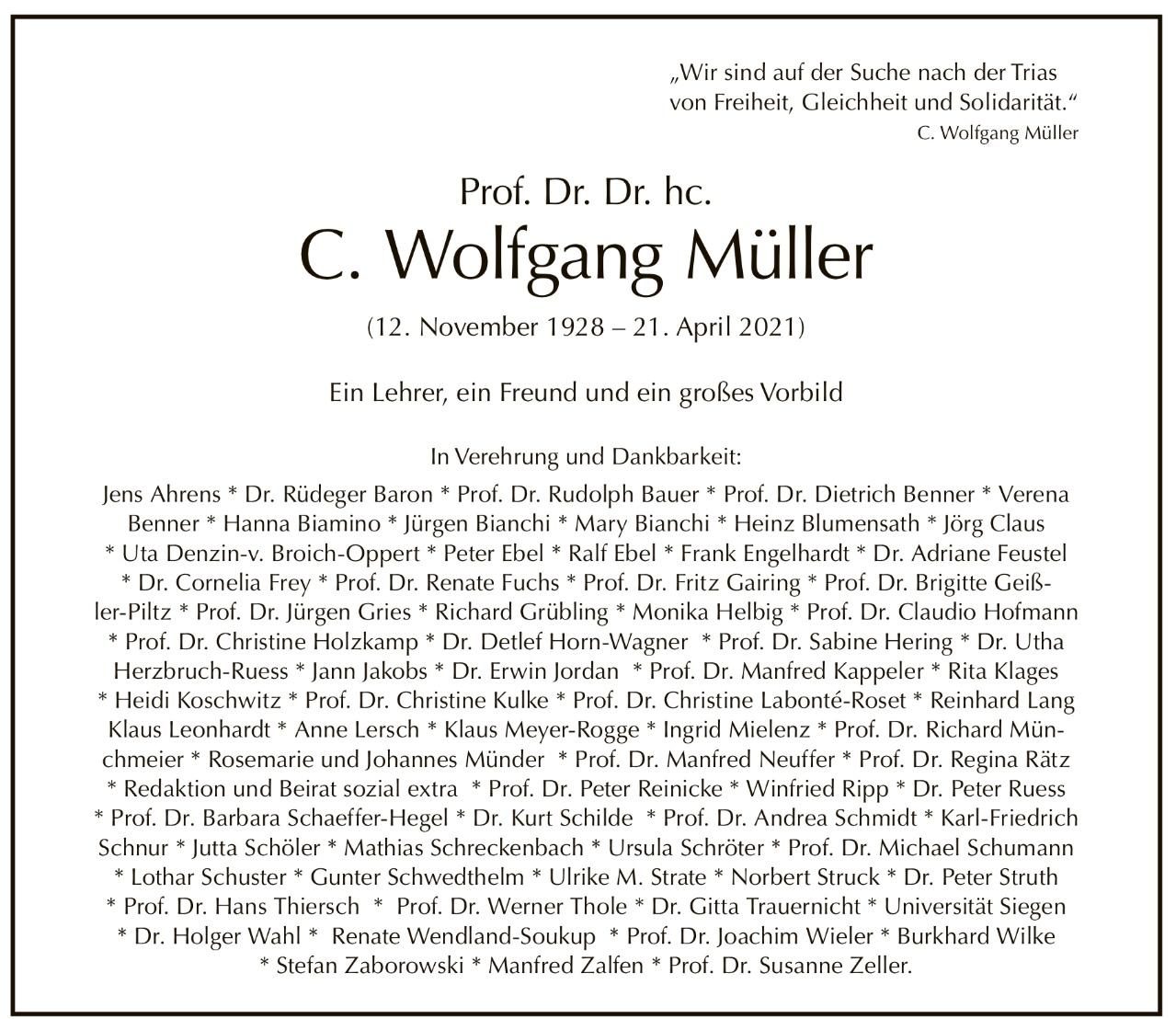 Anzeige des Freundeskreis von C.W. Müller im Tagesspiegel vom 2.5.2021
