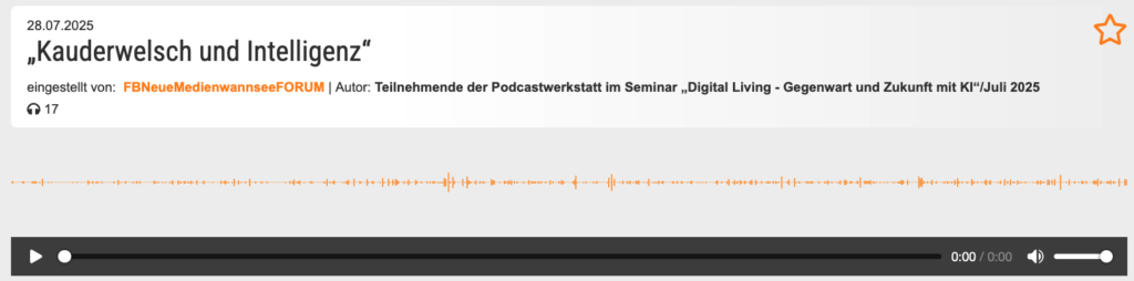 Oberfläche von Audiyou mit Anzeige des verlinkten Audiobeitrages 'Kauderwelsch und Intelligenz"