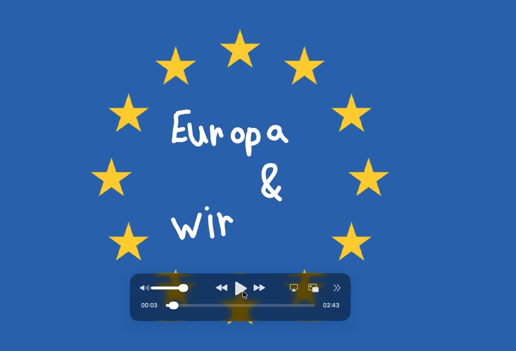 Blue background with twelve yellow stars in a circle and white lettering 'Europe &amp; us' in the middle.
