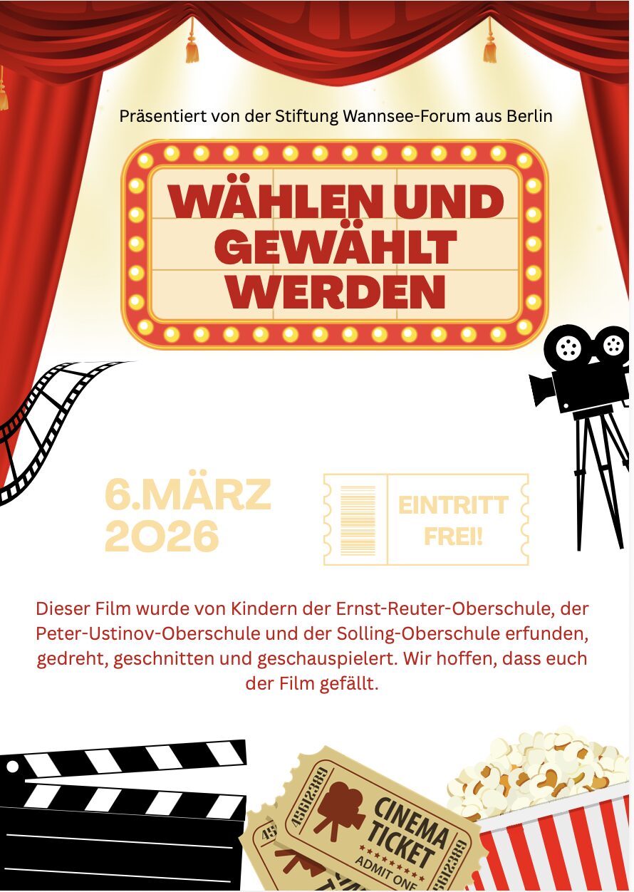 Filmplakat mit rotem Vorhang, Filmkamera, Filmstreifen, Popcorn und Kinokarten, Text 'Wählen und gewählt werden', Datum '6. März 2026' und Hinweis auf kostenlosen Eintritt