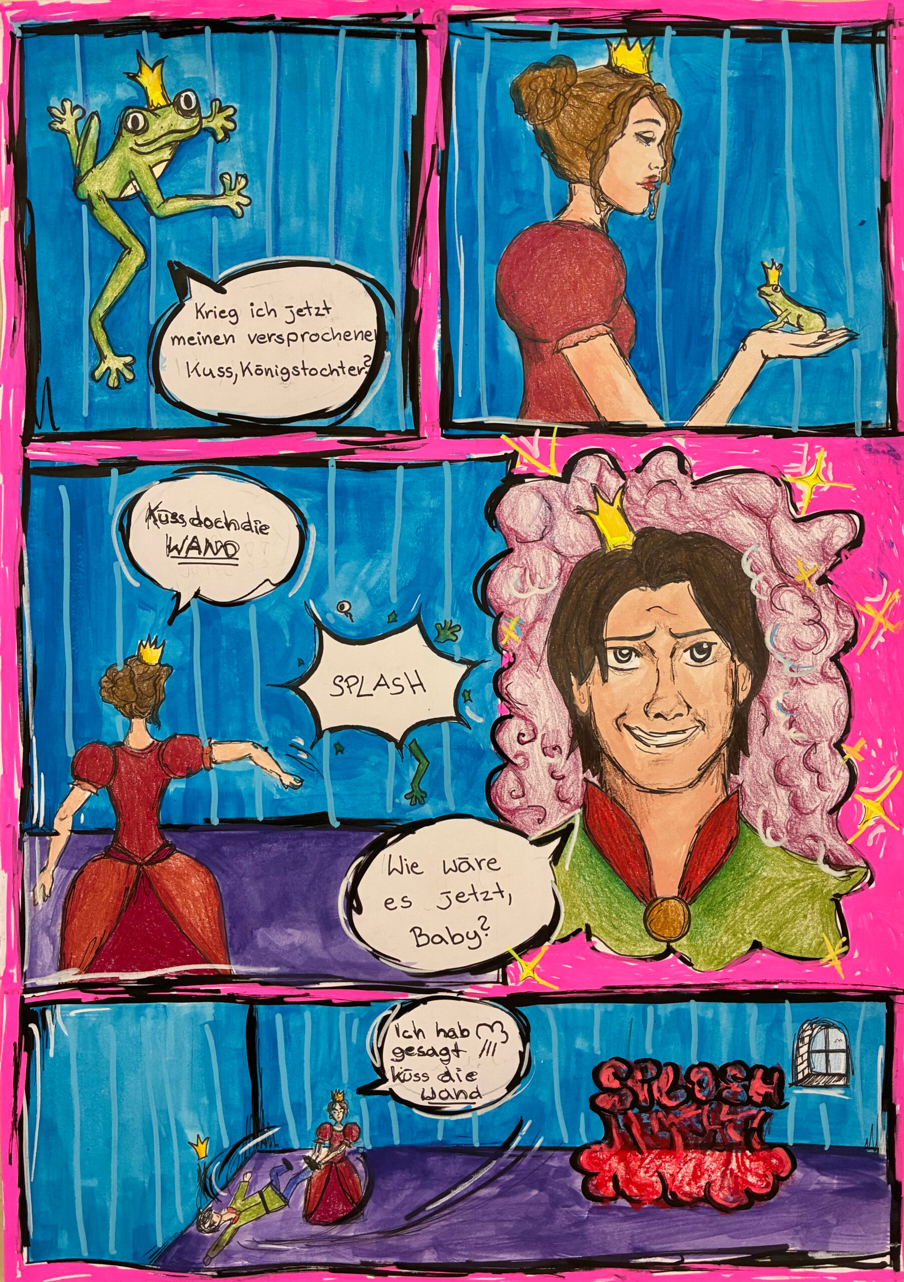Ein Bunter Comic der in 5 Panels die Geschichte vom Märchen "Küss den Frosch" neu erzählt.