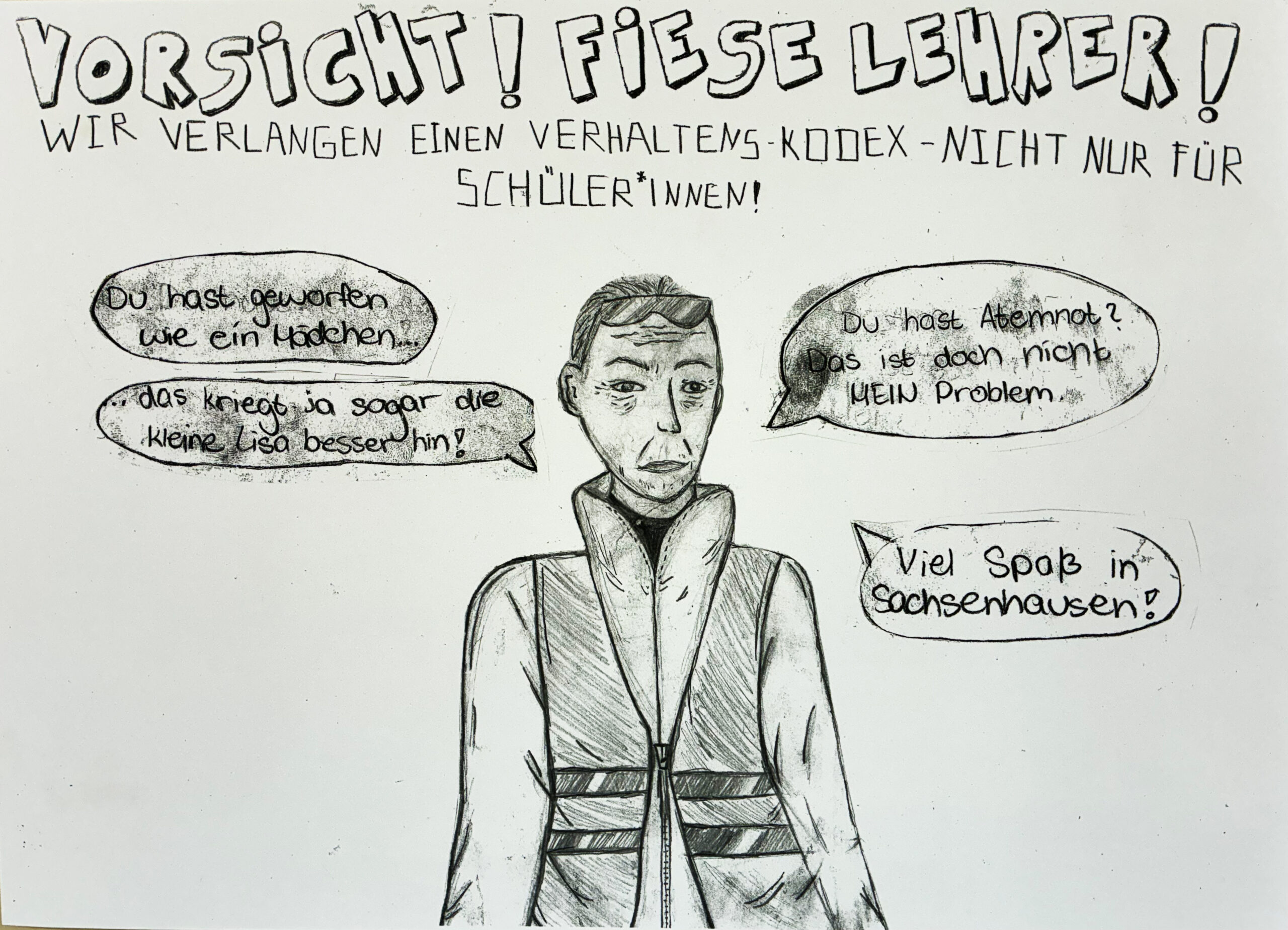 Karrikatur einer Lehrkraft die Stereotype reproduziert, als Überschrift steht "Wir verlangen einen Verhaltenskodex nicht nur für Schüler:innen"