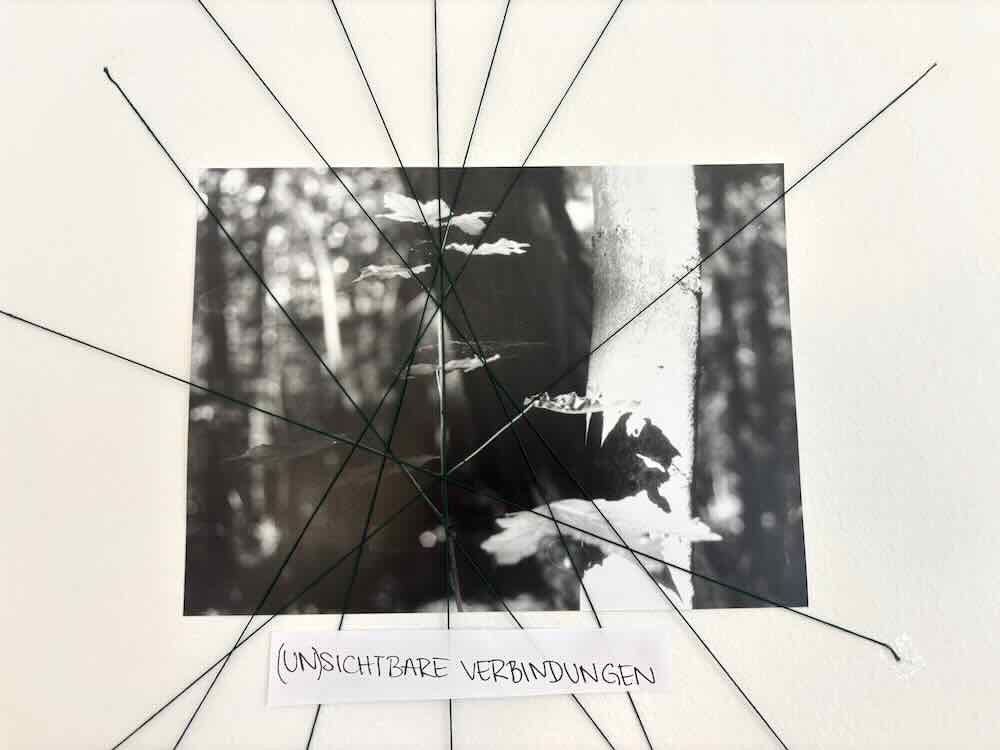 Schwarz-weißes Foto eines Baumstamms im Wald, auf das mehrere Fäden von außen zulaufen, darunter ein handgeschriebener Zettel mit dem Text 'UNSICHTBARE VERBINDUNGEN'.