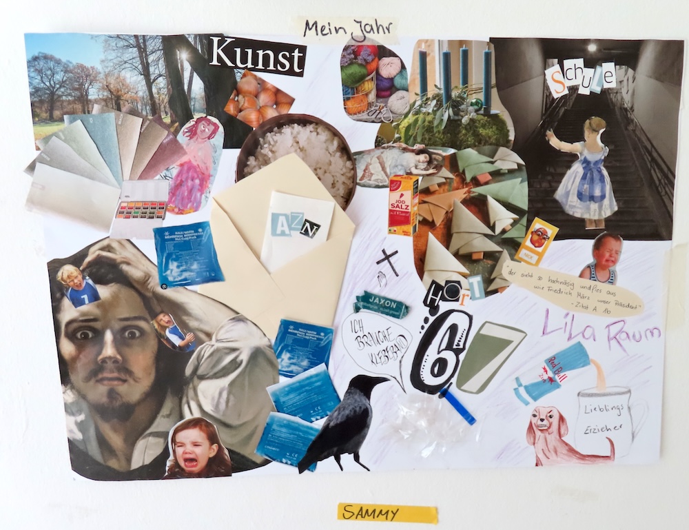 Collage aus ausgeschnittenen Zeitschriftenbildern, handgeschriebenen Wörtern und bunten Papierstücken auf weißem Hintergrund