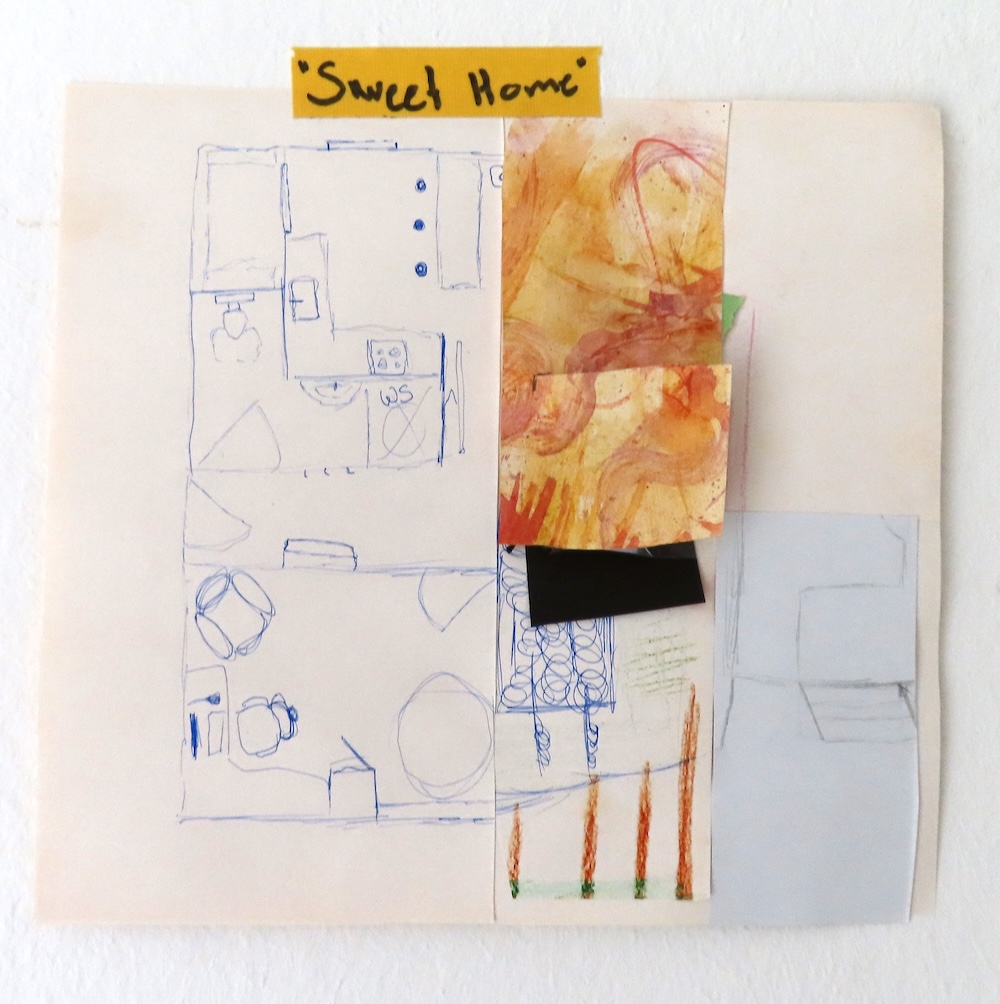 Collage aus einer handgezeichneten Grundrissskizze, bemalten Papierstücken und ausgeschnittenen Elementen, oben mit einem Zettel mit der Aufschrift 'Sweet Home'.